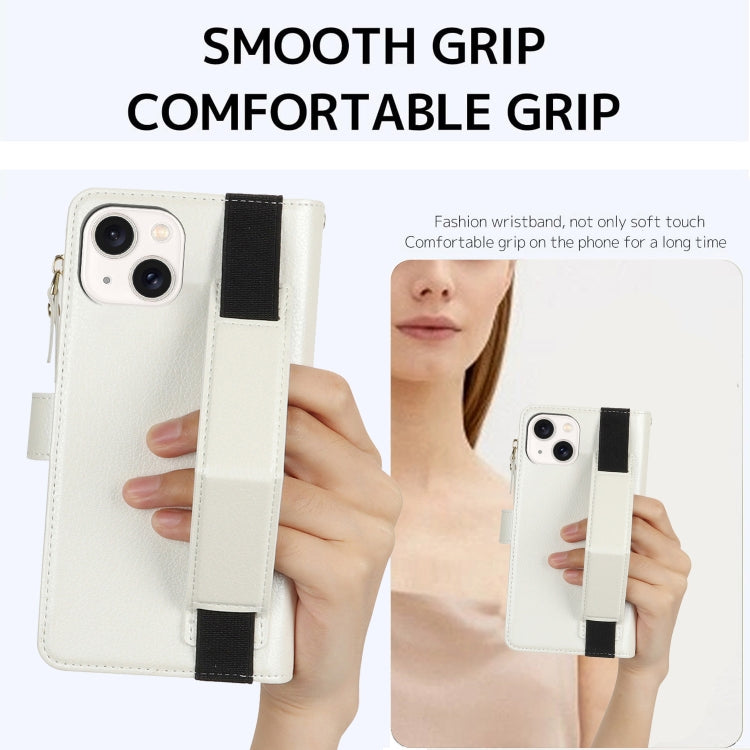For iPhone 13 mini Wristband Holder Zipper Purse RFID Leather Phone Case