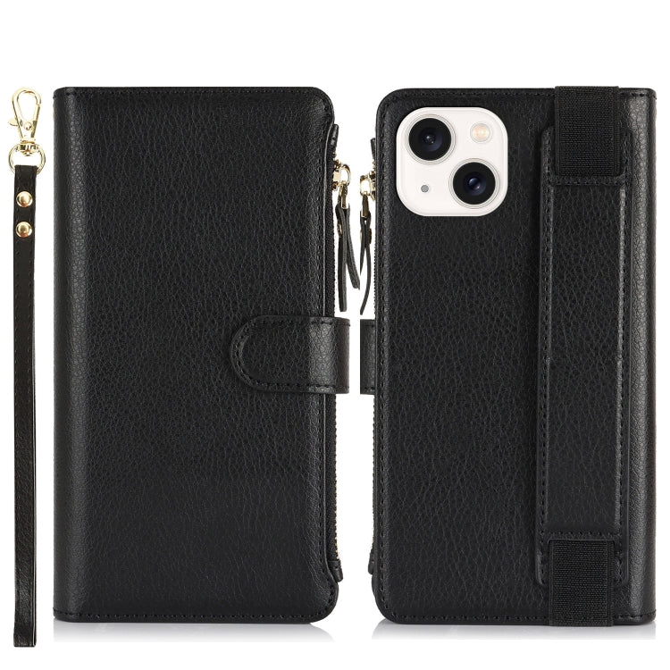 For iPhone 14 / 13 Wristband Holder Zipper Purse RFID Leather Phone Case