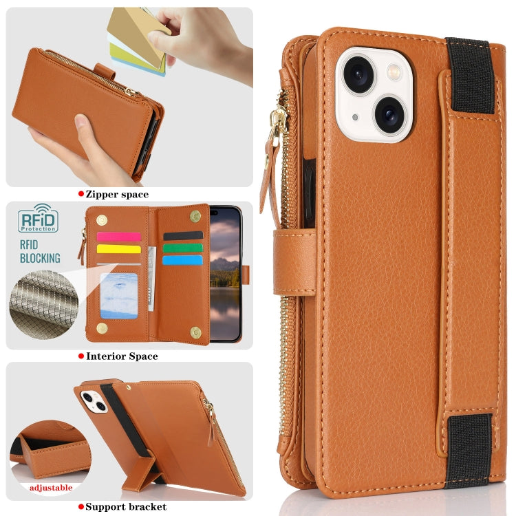 For iPhone 14 / 13 Wristband Holder Zipper Purse RFID Leather Phone Case