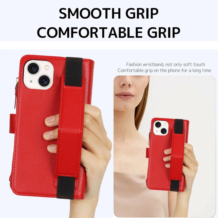 For iPhone 14 / 13 Wristband Holder Zipper Purse RFID Leather Phone Case