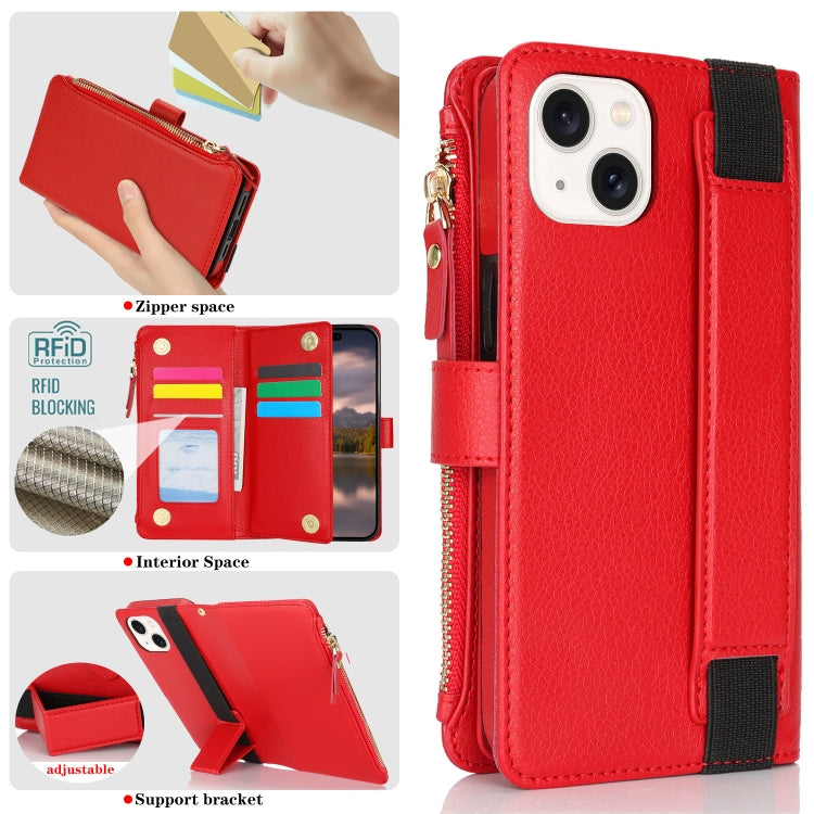 For iPhone 14 / 13 Wristband Holder Zipper Purse RFID Leather Phone Case