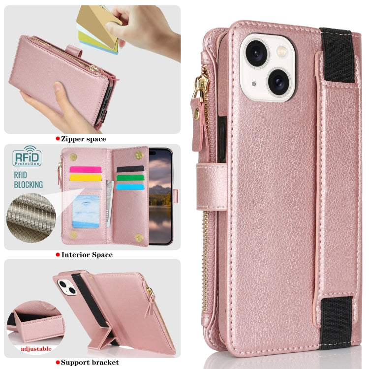 For iPhone 14 / 13 Wristband Holder Zipper Purse RFID Leather Phone Case