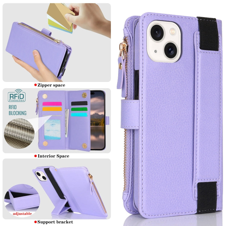 For iPhone 14 / 13 Wristband Holder Zipper Purse RFID Leather Phone Case