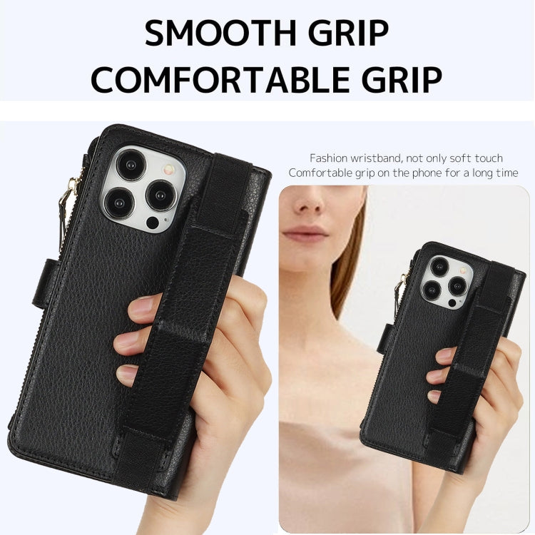 For iPhone 13 Pro Wristband Holder Zipper Purse RFID Leather Phone Case