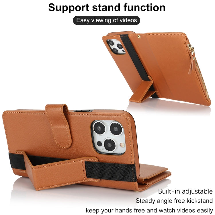 For iPhone 13 Pro Wristband Holder Zipper Purse RFID Leather Phone Case