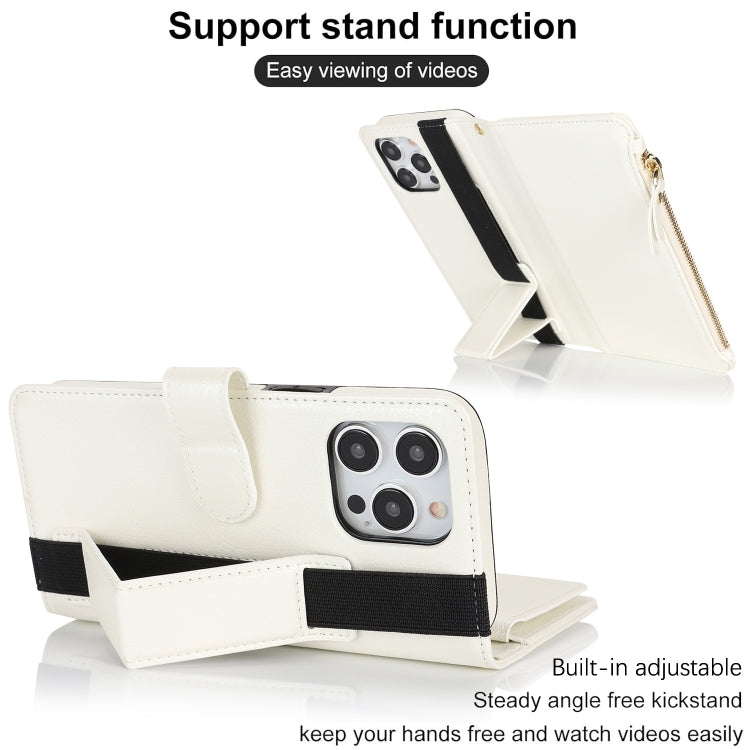For iPhone 13 Pro Wristband Holder Zipper Purse RFID Leather Phone Case