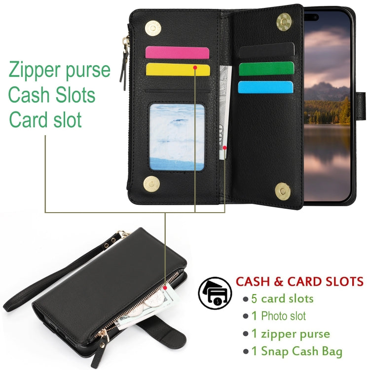 For iPhone 13 Pro Max Wristband Holder Zipper Purse RFID Leather Phone Case