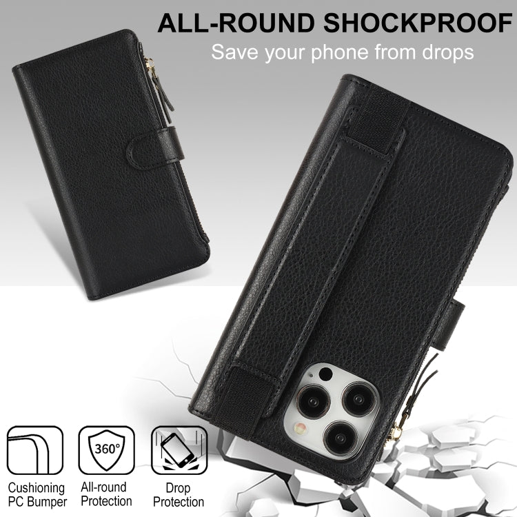For iPhone 13 Pro Max Wristband Holder Zipper Purse RFID Leather Phone Case