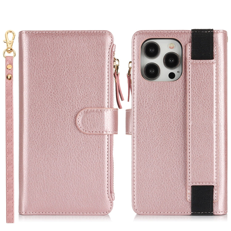 For iPhone 13 Pro Max Wristband Holder Zipper Purse RFID Leather Phone Case