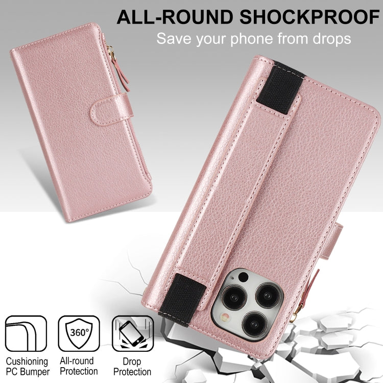 For iPhone 13 Pro Max Wristband Holder Zipper Purse RFID Leather Phone Case