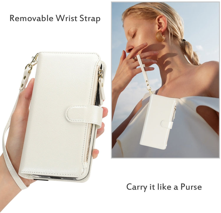 For iPhone 13 Pro Max Wristband Holder Zipper Purse RFID Leather Phone Case