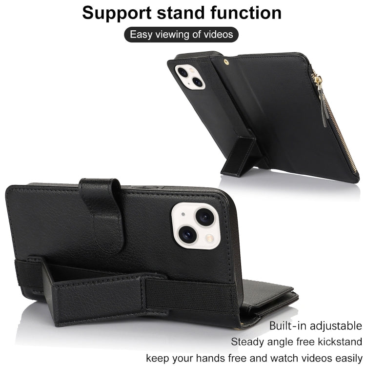 For iPhone 14 Plus Wristband Holder Zipper Purse RFID Leather Phone Case