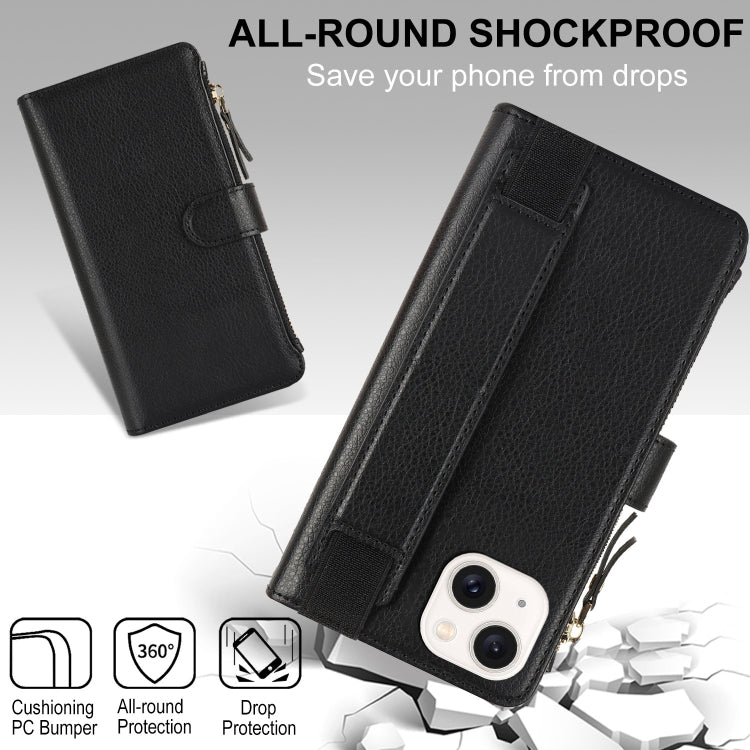 For iPhone 14 Plus Wristband Holder Zipper Purse RFID Leather Phone Case