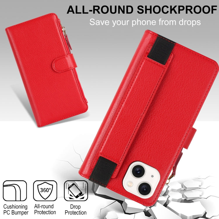 For iPhone 14 Plus Wristband Holder Zipper Purse RFID Leather Phone Case