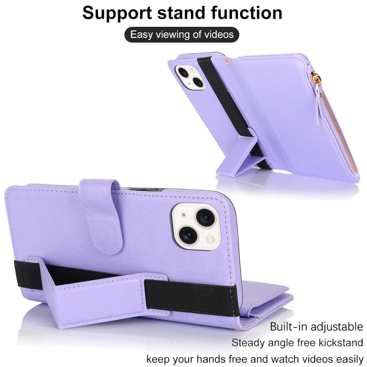 For iPhone 14 Plus Wristband Holder Zipper Purse RFID Leather Phone Case