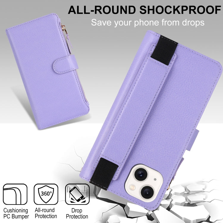 For iPhone 14 Plus Wristband Holder Zipper Purse RFID Leather Phone Case