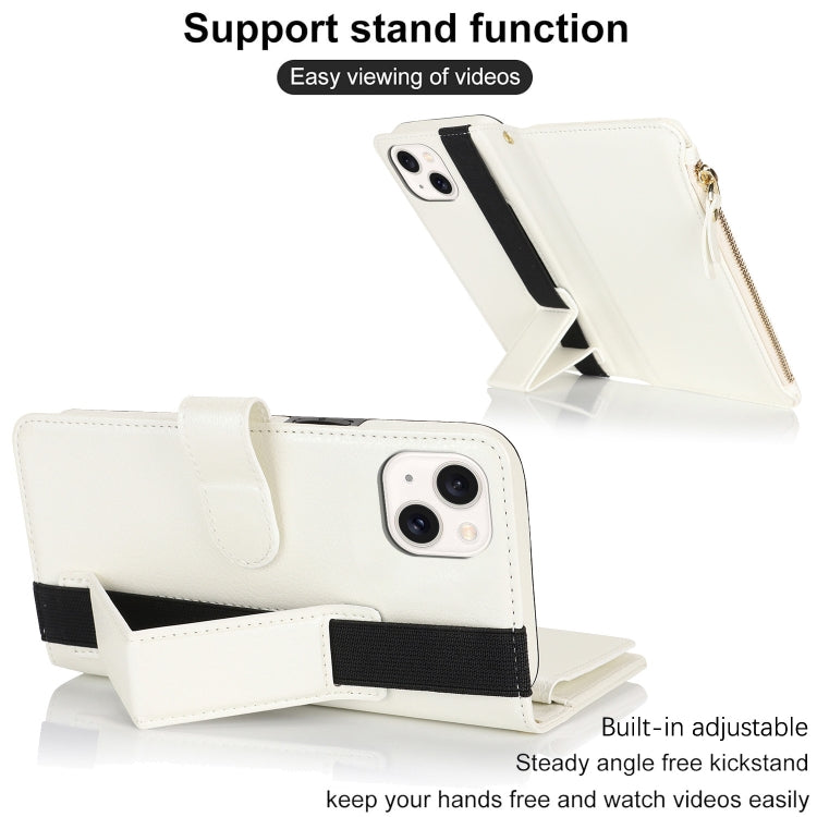 For iPhone 14 Plus Wristband Holder Zipper Purse RFID Leather Phone Case