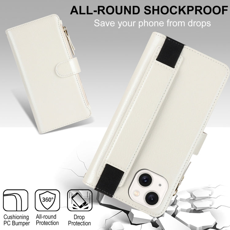 For iPhone 14 Plus Wristband Holder Zipper Purse RFID Leather Phone Case