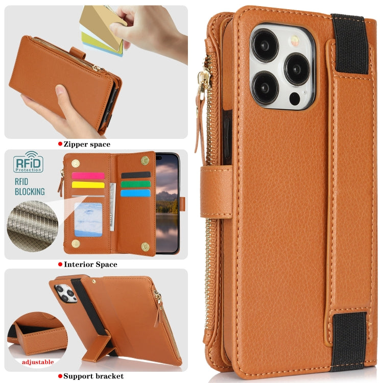 For iPhone 14 Pro Wristband Holder Zipper Purse RFID Leather Phone Case