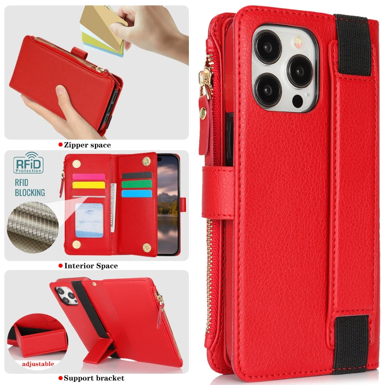 For iPhone 14 Pro Wristband Holder Zipper Purse RFID Leather Phone Case