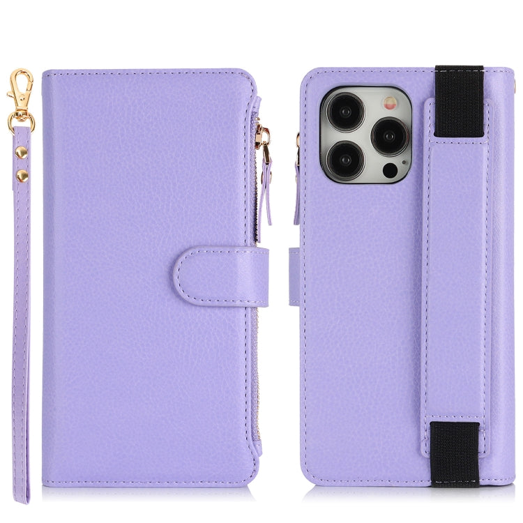 For iPhone 14 Pro Wristband Holder Zipper Purse RFID Leather Phone Case