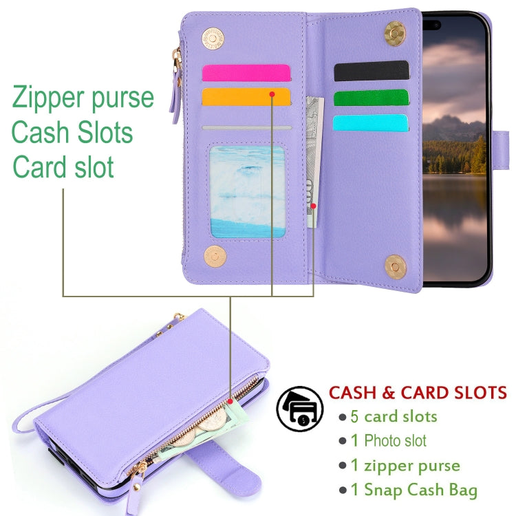 For iPhone 14 Pro Wristband Holder Zipper Purse RFID Leather Phone Case