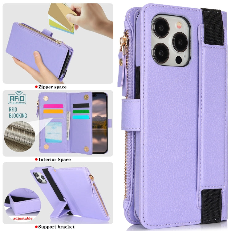 For iPhone 14 Pro Wristband Holder Zipper Purse RFID Leather Phone Case