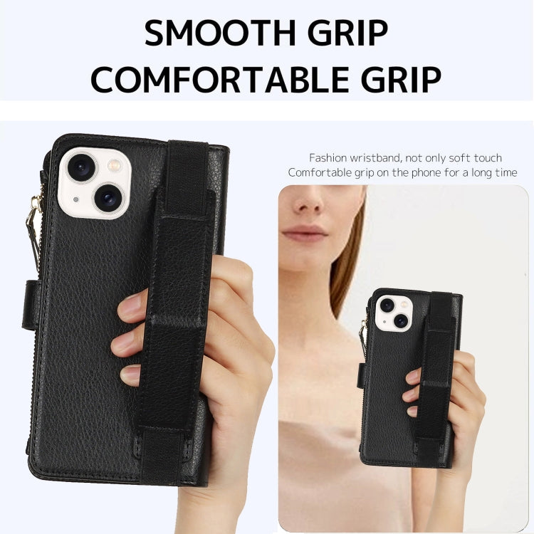 For iPhone 15 Wristband Holder Zipper Purse RFID Leather Phone Case