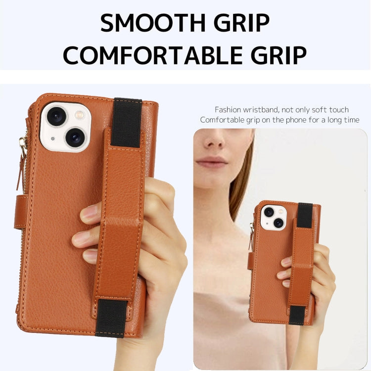 For iPhone 15 Wristband Holder Zipper Purse RFID Leather Phone Case