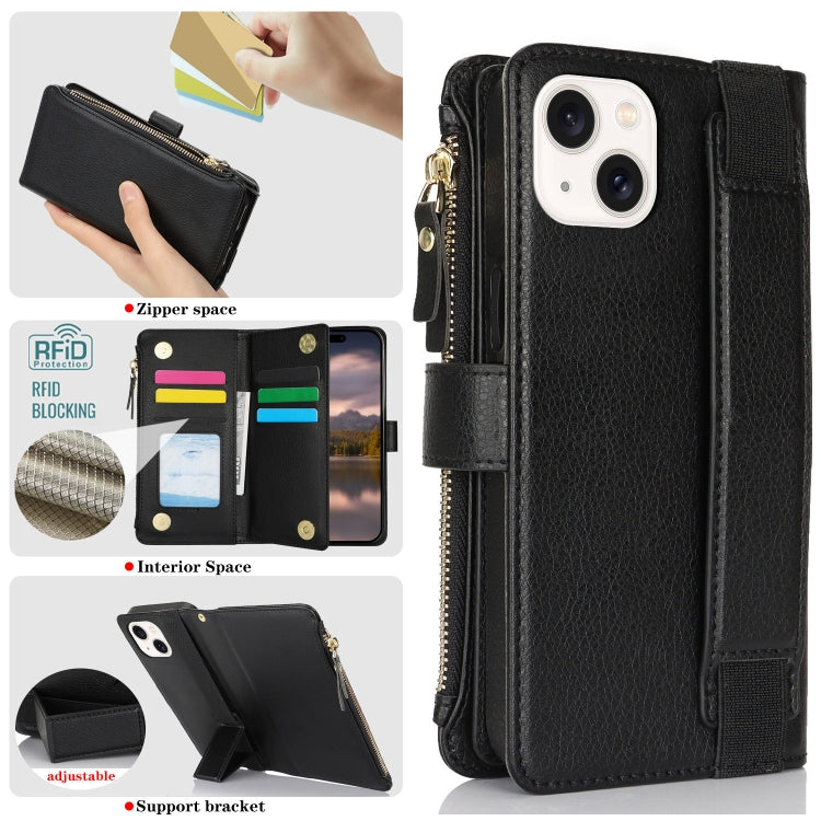 For iPhone 15 Plus Wristband Holder Zipper Purse RFID Leather Phone Case