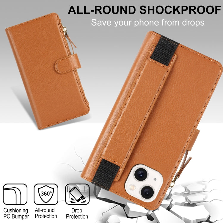For iPhone 15 Plus Wristband Holder Zipper Purse RFID Leather Phone Case