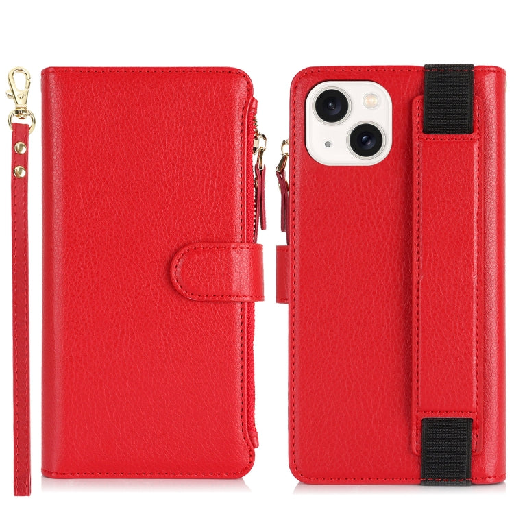 For iPhone 15 Plus Wristband Holder Zipper Purse RFID Leather Phone Case