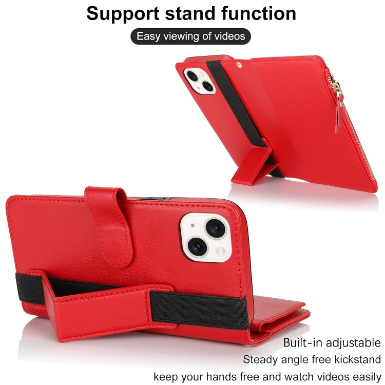 For iPhone 15 Plus Wristband Holder Zipper Purse RFID Leather Phone Case