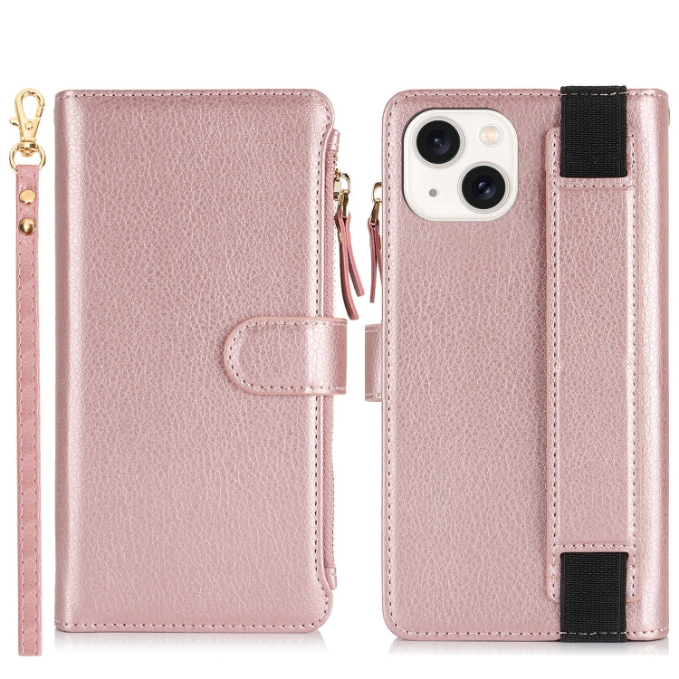 For iPhone 15 Plus Wristband Holder Zipper Purse RFID Leather Phone Case