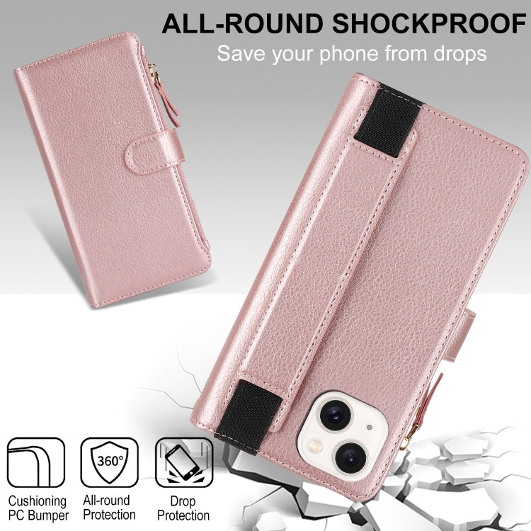 For iPhone 15 Plus Wristband Holder Zipper Purse RFID Leather Phone Case