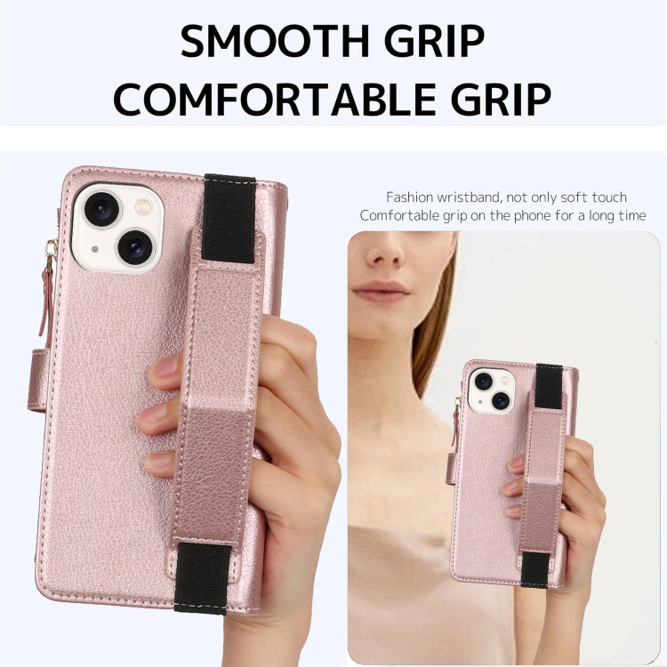 For iPhone 15 Plus Wristband Holder Zipper Purse RFID Leather Phone Case