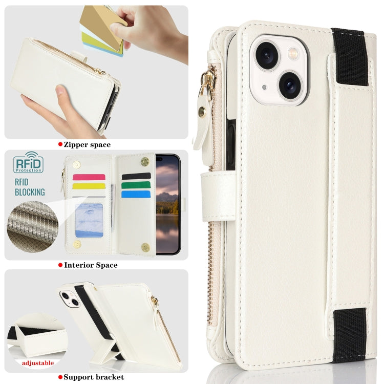 For iPhone 15 Plus Wristband Holder Zipper Purse RFID Leather Phone Case