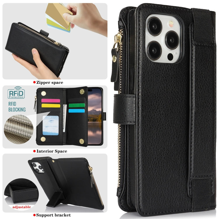 For iPhone 15 Pro Wristband Holder Zipper Purse RFID Leather Phone Case