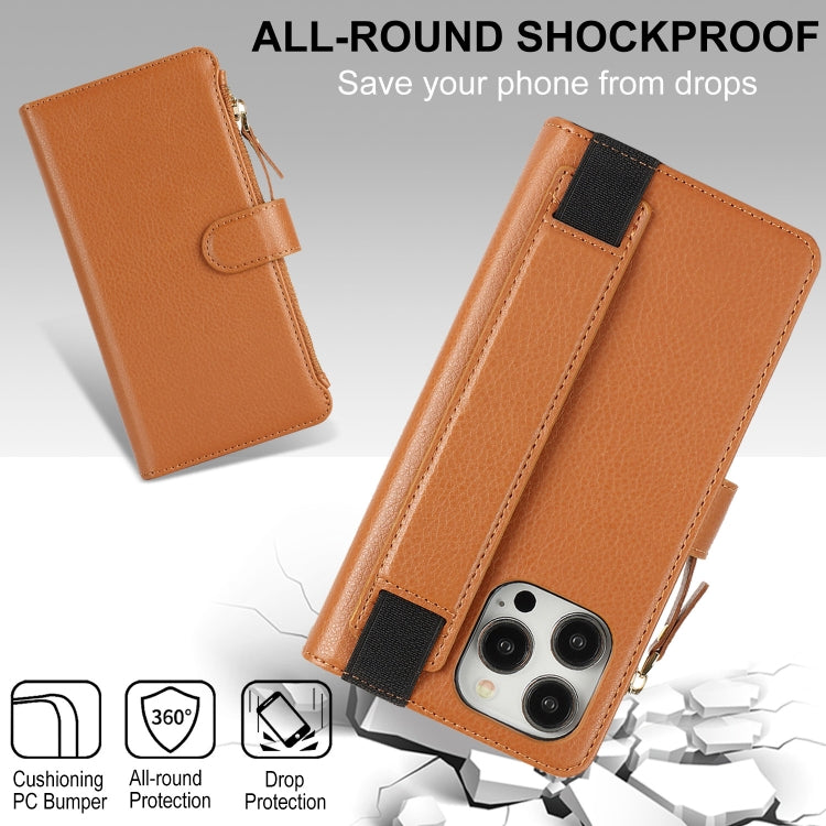 For iPhone 15 Pro Wristband Holder Zipper Purse RFID Leather Phone Case