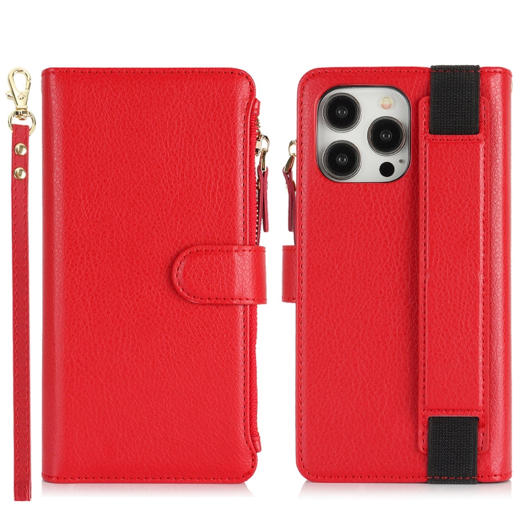 For iPhone 15 Pro Wristband Holder Zipper Purse RFID Leather Phone Case