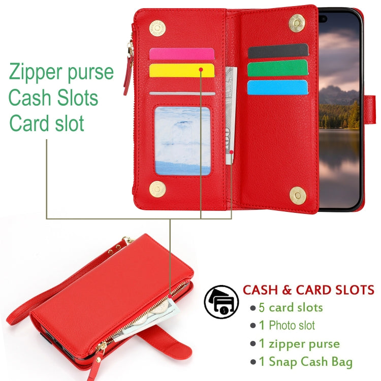 For iPhone 15 Pro Wristband Holder Zipper Purse RFID Leather Phone Case