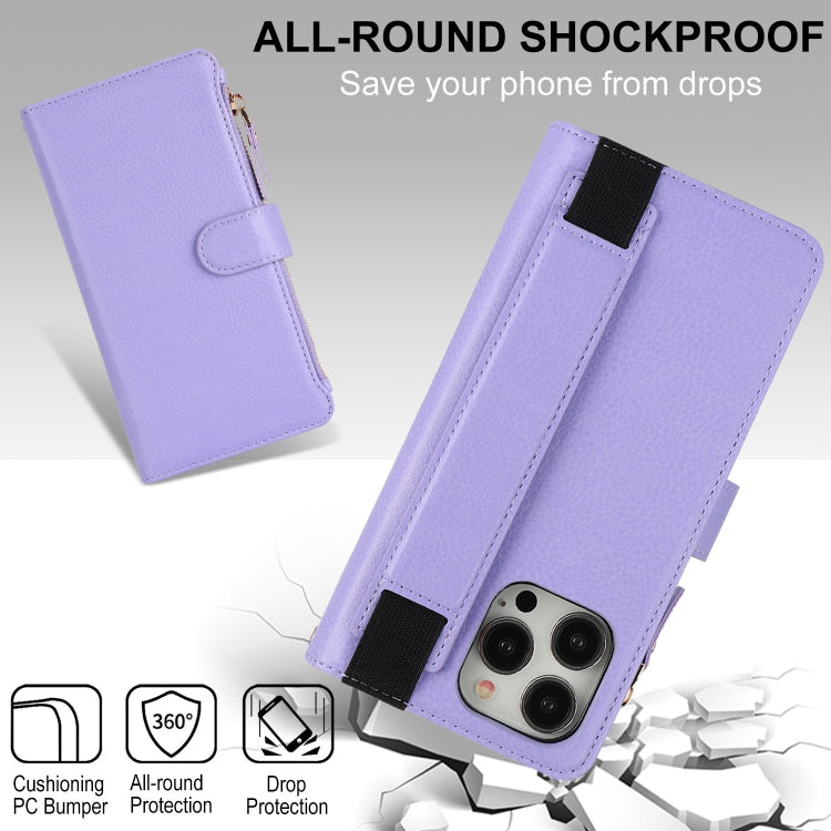 For iPhone 15 Pro Wristband Holder Zipper Purse RFID Leather Phone Case