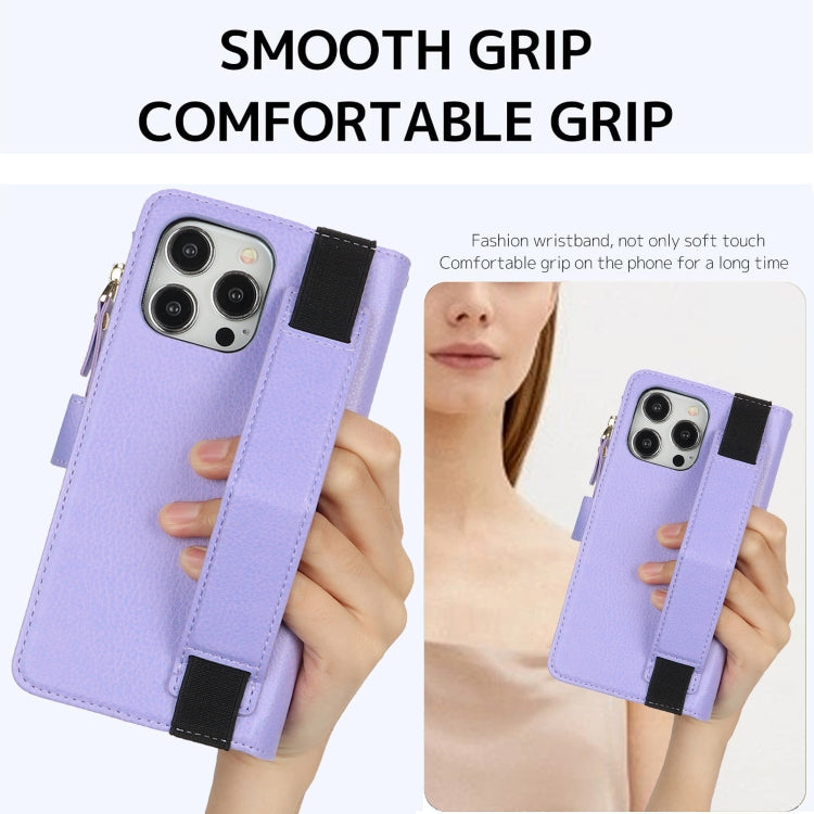 For iPhone 15 Pro Wristband Holder Zipper Purse RFID Leather Phone Case