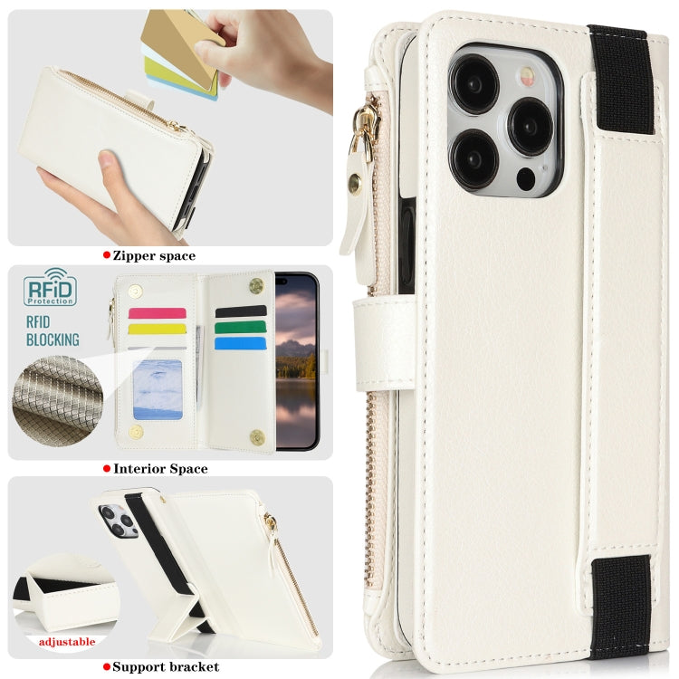 For iPhone 15 Pro Wristband Holder Zipper Purse RFID Leather Phone Case