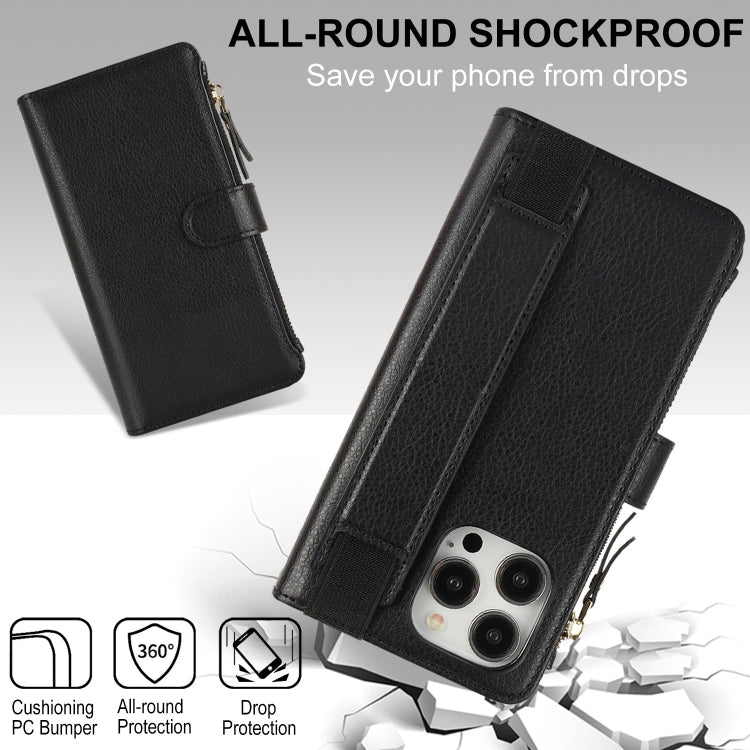 For iPhone 15 Pro Max Wristband Holder Zipper Purse RFID Leather Phone Case