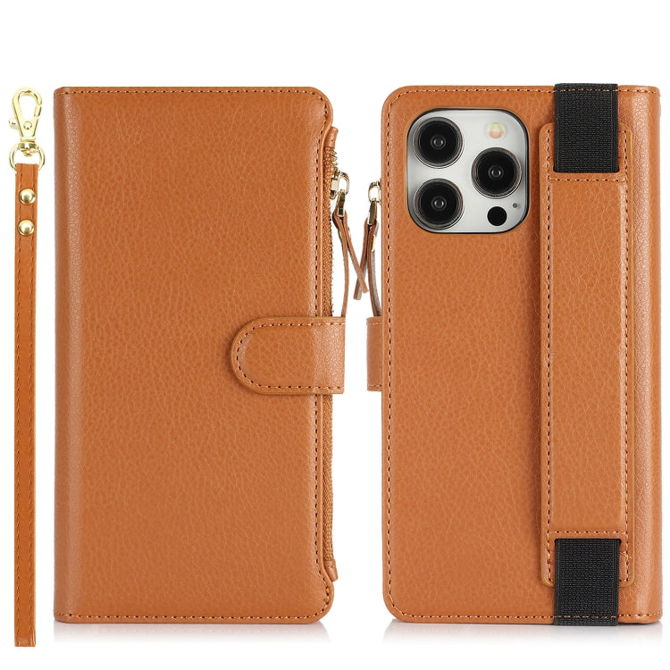 For iPhone 15 Pro Max Wristband Holder Zipper Purse RFID Leather Phone Case