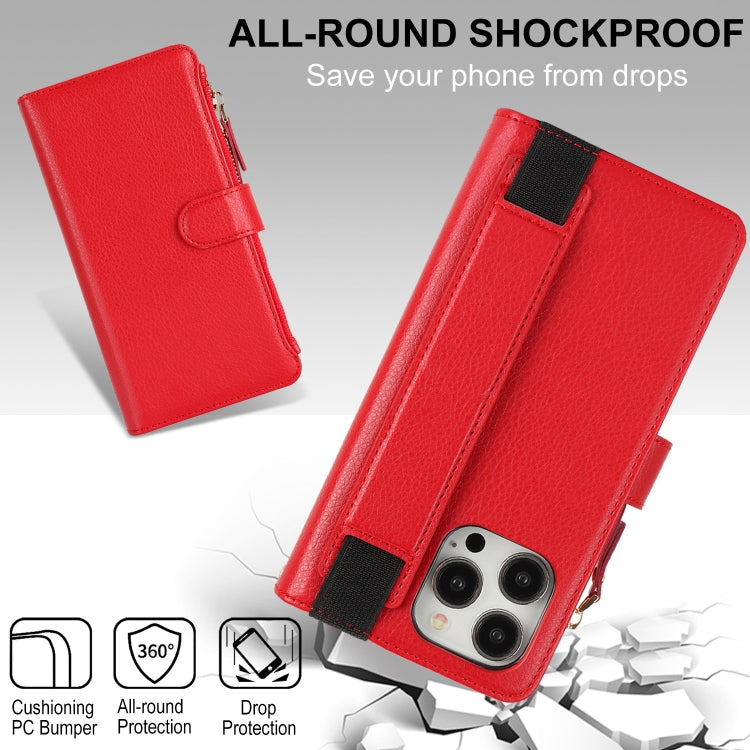 For iPhone 15 Pro Max Wristband Holder Zipper Purse RFID Leather Phone Case
