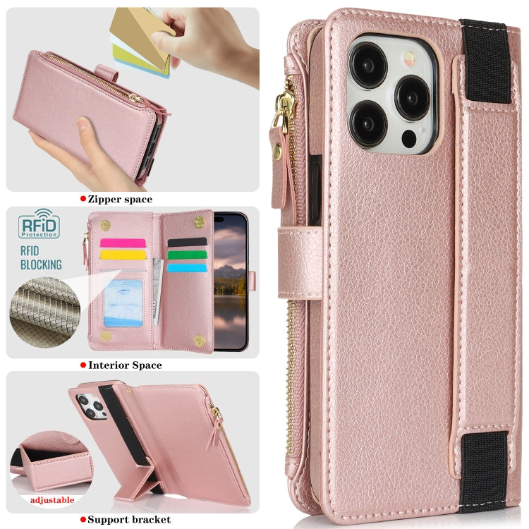For iPhone 15 Pro Max Wristband Holder Zipper Purse RFID Leather Phone Case