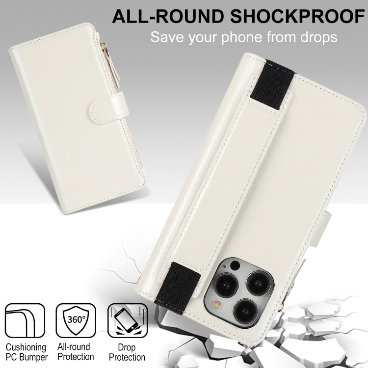For iPhone 15 Pro Max Wristband Holder Zipper Purse RFID Leather Phone Case