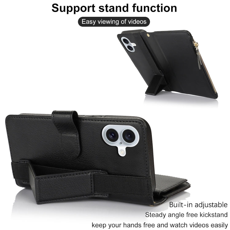 For iPhone 16 Wristband Holder Zipper Purse RFID Leather Phone Case